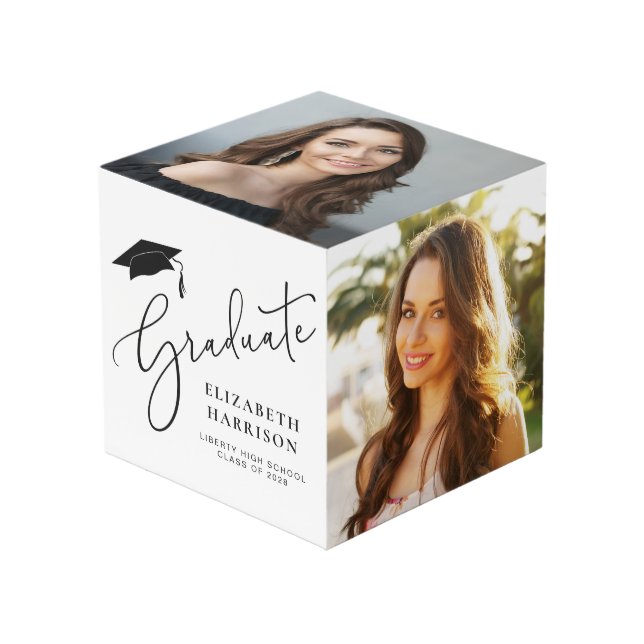 Graduation Elegant Script 4 Photo Keepsake Cube (Front Angled)