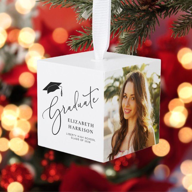 Graduation Elegant Script 4 Photo Keepsake Cube Ornament (Creator Uploaded)