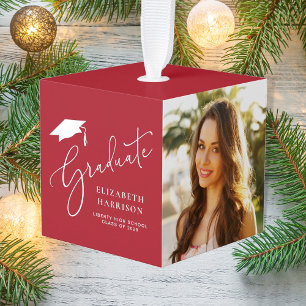 Graduation Elegant Script 4 Photo Red Cube Ornament