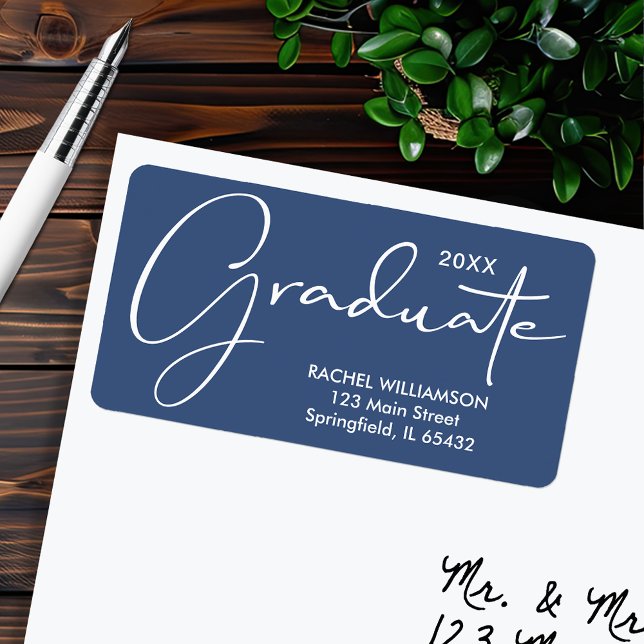Graduation Elegant Script Blue Return Address Label (Graduation Elegant Script Blue Return Address Labels)
