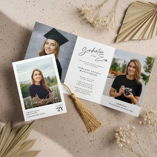 Graduation Era Then & Now Grad Photo Collage Party Tri-Fold Invitation