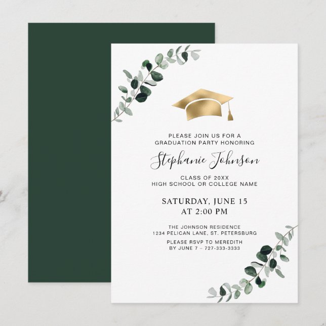 Graduation Eucalyptus Gold Cap and Tassel Party Invitation (Front/Back)