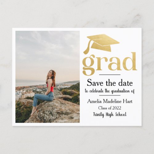 Graduation Faux Gold Foil  Save The Date Photo Postcard