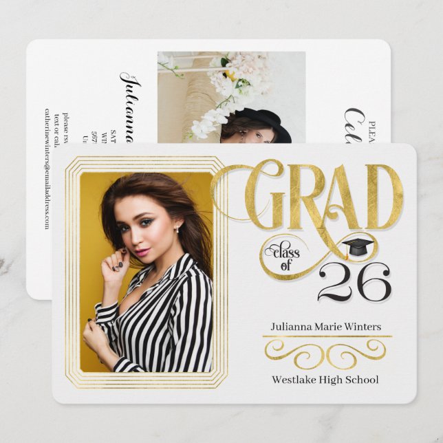 Graduation Faux Gold Leaf Class of 2026 Photo Invitation (Front/Back)