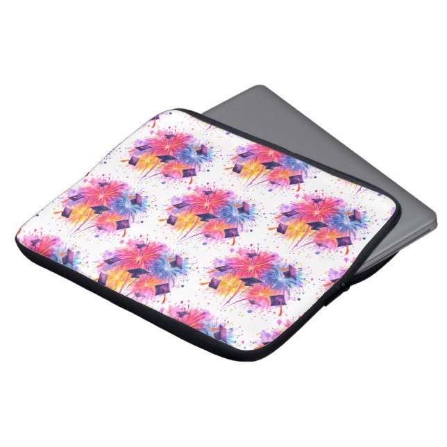 Graduation Fireworks Pattern with Tossed Caps Laptop Sleeve (Front Top)
