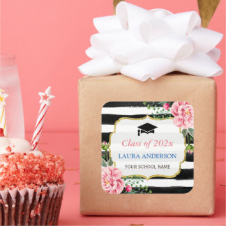 Graduation Floral Black White Stripe Square Sticker