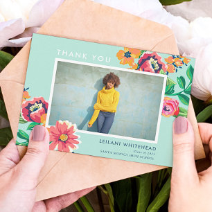 Graduation Floral Blue Photo Thank You Card