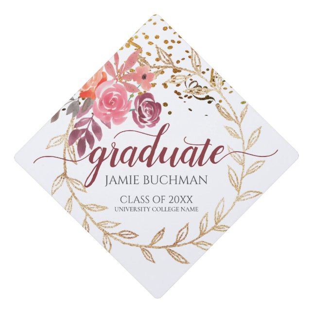 Graduation Floral Glitter Script  Cap Topper (Front)