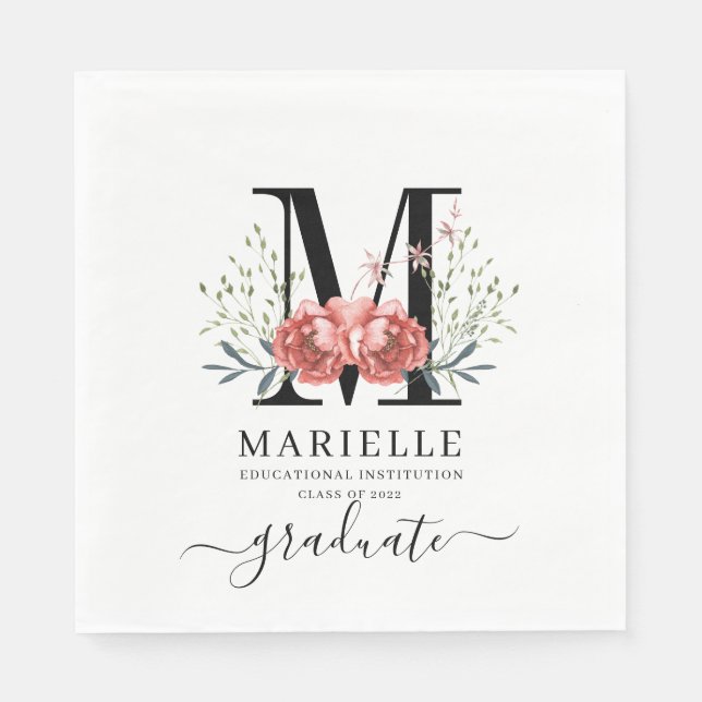 Graduation Floral Monogram Logo Party Paper Napkins (Front)