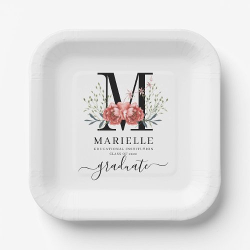 Graduation Floral Monogram Logo Party Paper  Paper Plates