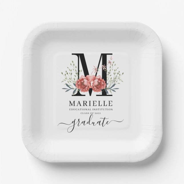 Graduation Floral Monogram Logo Party Paper  Plates (Front)