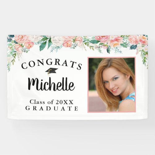 Graduation Floral Pink Rose Gold Script Photo Banner