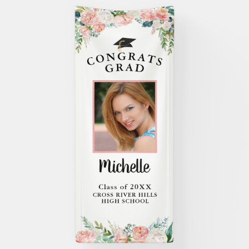 Graduation Floral Pink Rose Gold Script Photo Door Banner