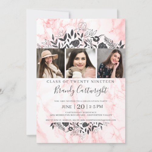 Graduation Floral Rose Gold Marble Gray Photo Invitation