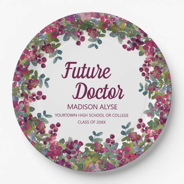 Graduation Future Doctor Purple Floral Paper Plates (Front)