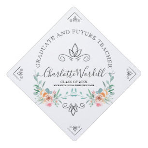 Graduation Future Teacher Floral Script Name White Graduation Cap Topper