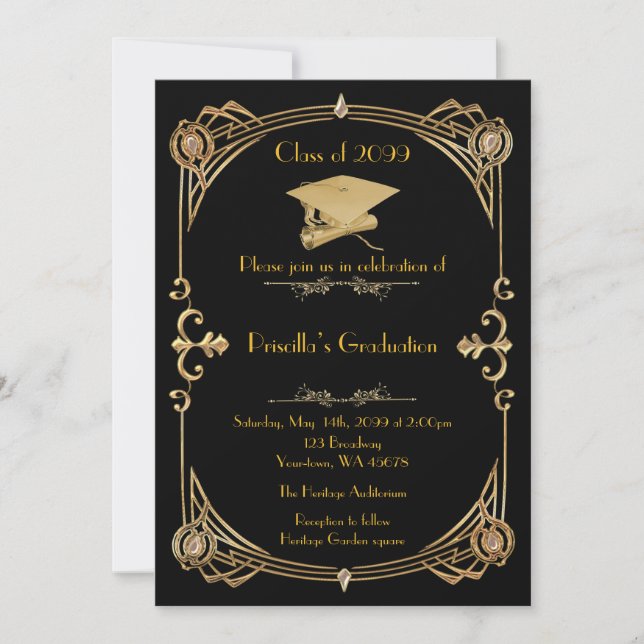 Graduation, Gatsby style, black gold,monogram back Invitation (Front)
