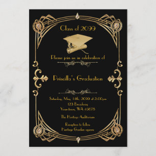 Graduation, Gatsby style, black gold,monogram back Invitation