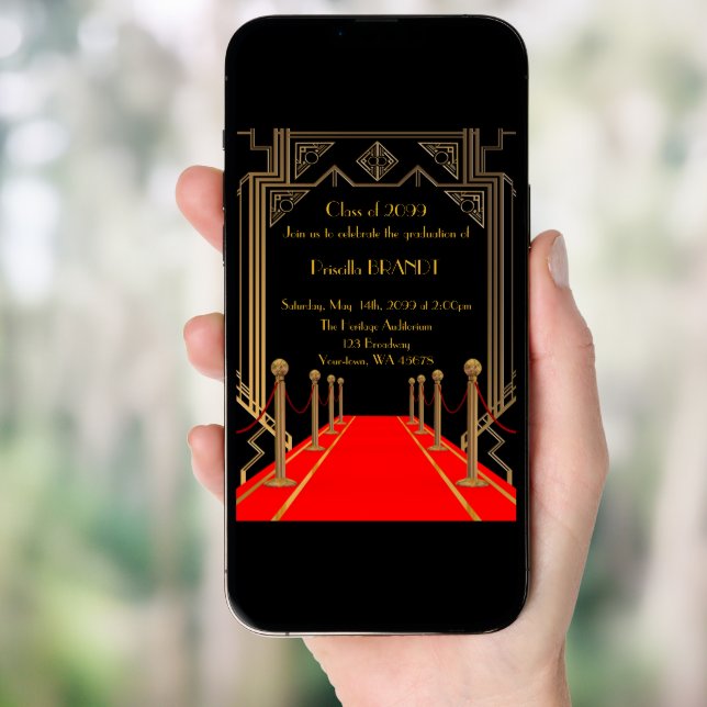 Graduation, Gatsby style, Red Carpet style, Black Invitation (Front Digital)