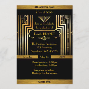 Graduation, Gatsby style, ticket, black gold Invitation