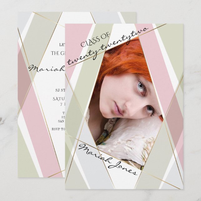 Graduation Geo Frame Pale Tea Green Blush Rose  Invitation (Front/Back)