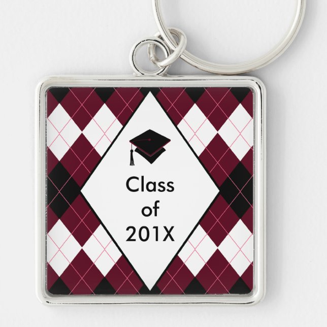 Graduation Gift Key Ring Preppy Black Red Argyle (Front)
