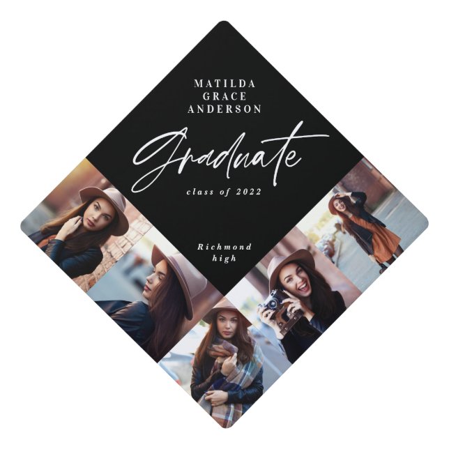 Graduation gift multi photo modern elegant script  cap topper (Front)