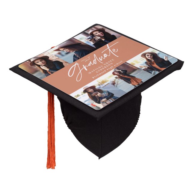 Graduation gift multi photo modern elegant script cap topper (Angled)