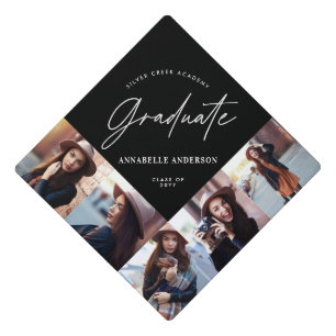 Graduation gift multi photo modern elegant script  graduation cap topper