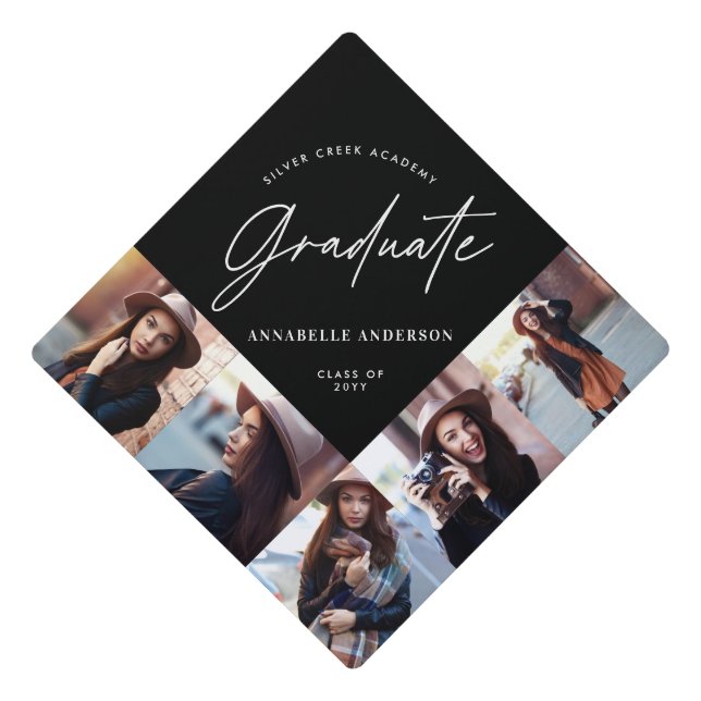 Graduation gift multi photo modern elegant script  graduation cap topper (Front)