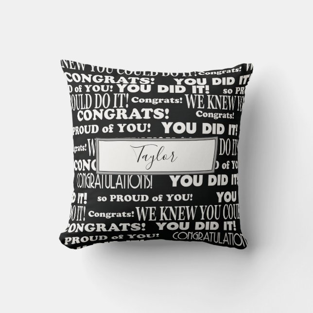 Graduation gift word collage black and white throw pillow (Front)