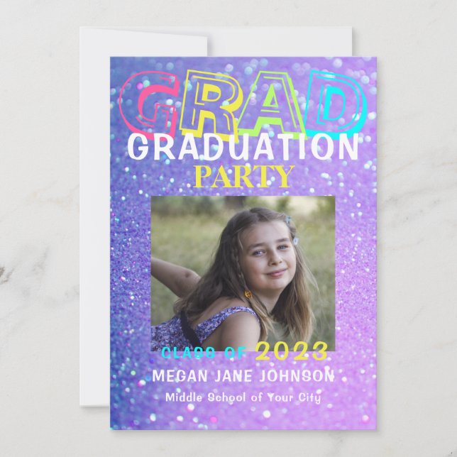 Graduation girly glitter middle school photo invitation (Front)