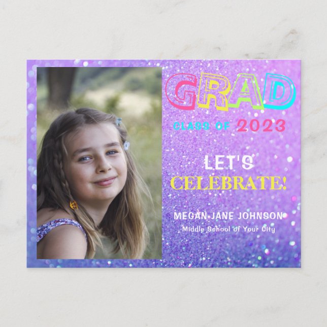 Graduation girly middle school grad photo invitation postcard (Front)