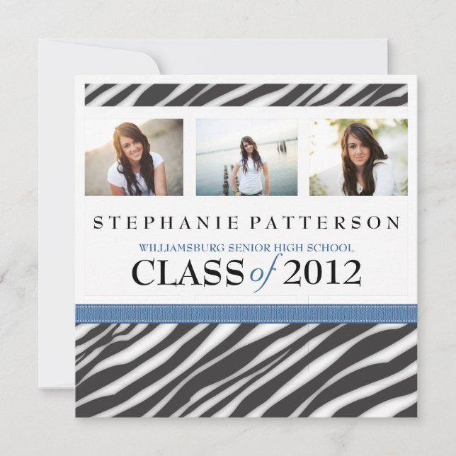 Graduation Glamour Girl Zebra Print with Blue Invitation (Front)