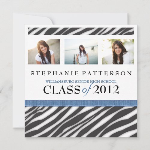 Graduation Glamour Girl Zebra Print with Blue Personalized Announcement