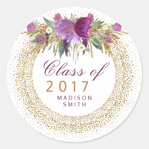 Graduation Glitter Watercolor Flower Gold Confetti Classic Round Sticker
