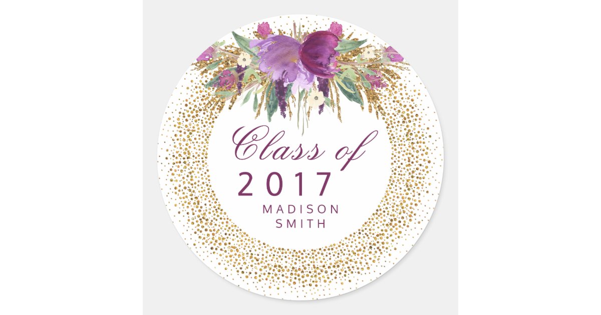 Graduation Glitter Watercolor Flower Gold Confetti Classic Round ...