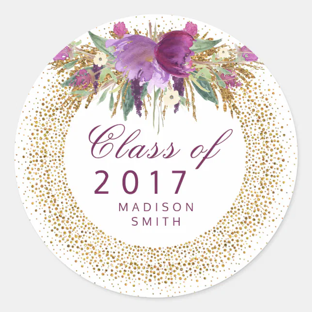 Graduation Glitter Watercolor Flower Gold Confetti Classic Round ...