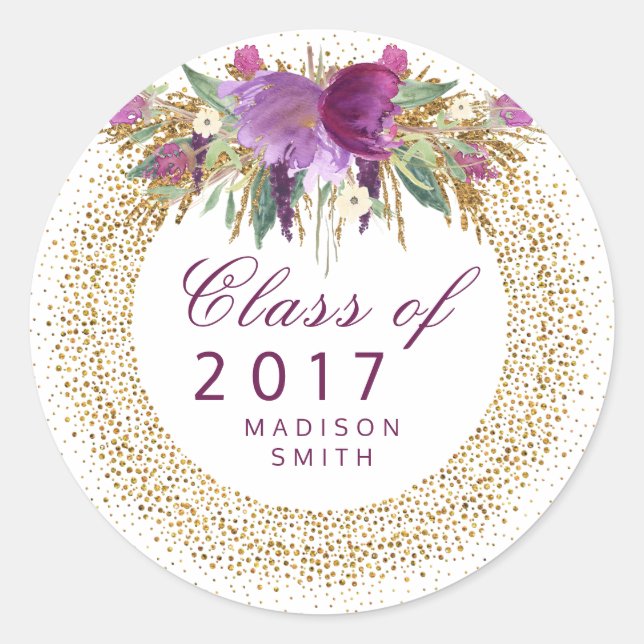 Graduation Glitter Watercolor Flower Gold Confetti Classic Round Sticker (Front)