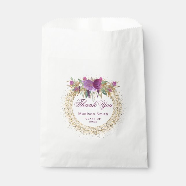 Graduation Glitter Watercolor Flower Gold Confetti Favor Bag (Front)