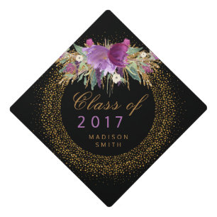 Graduation Glitter Watercolor Flower Gold Confetti Graduation Cap Topper
