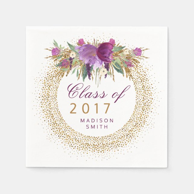 Graduation Glitter Watercolor Flower Gold Confetti Paper Napkins (Front)