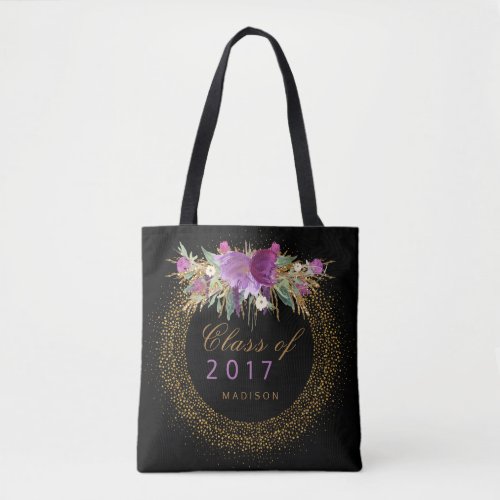 Graduation Glitter Watercolor Flower Gold Confetti Tote Bag