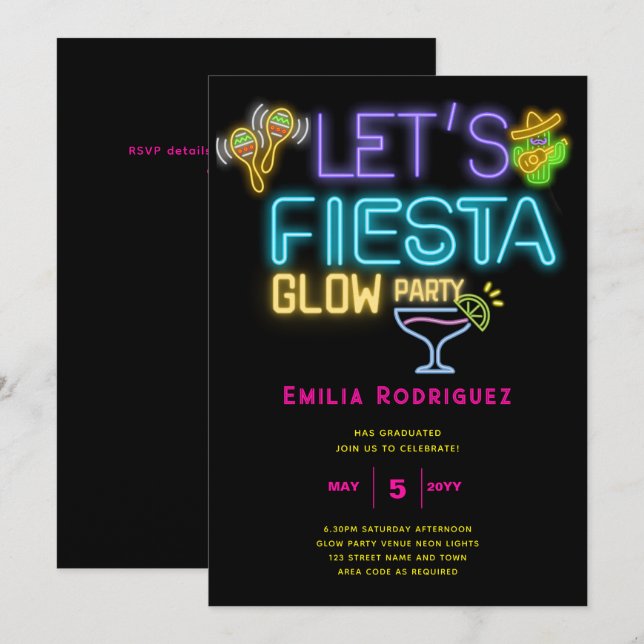 Graduation Glow Party Invitación Fiesta de Neón Invitation (Front/Back)