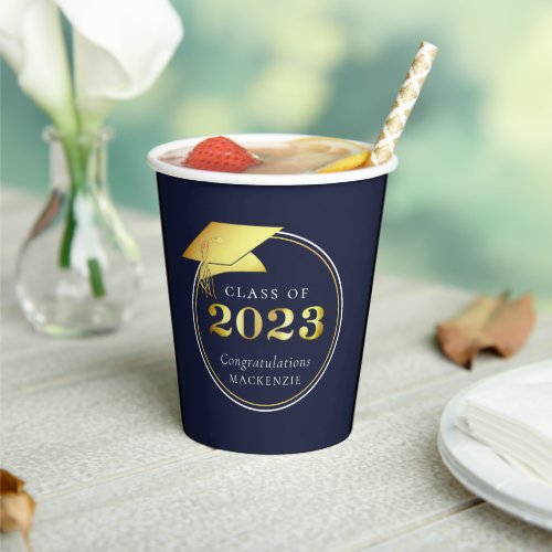 Graduation Gold 2023 Navy Blue or Custom Color Paper Cups