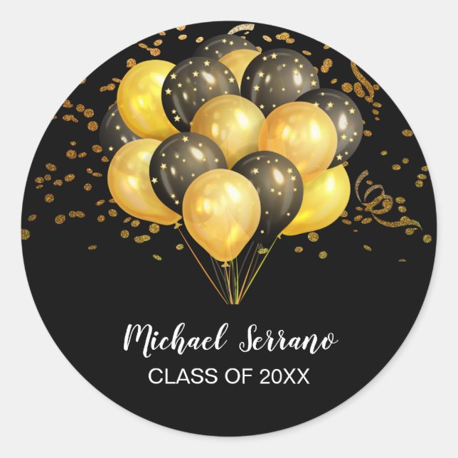 Graduation Gold & Black Balloons On Black Classic Round Sticker (Front)