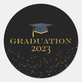 graduation gold black confetti classic round sticker