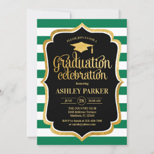 Graduation - Gold Black Green White Stripes Invitation