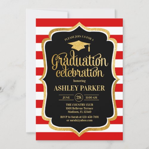 Graduation _ Gold Black Red White Stripes Invitation