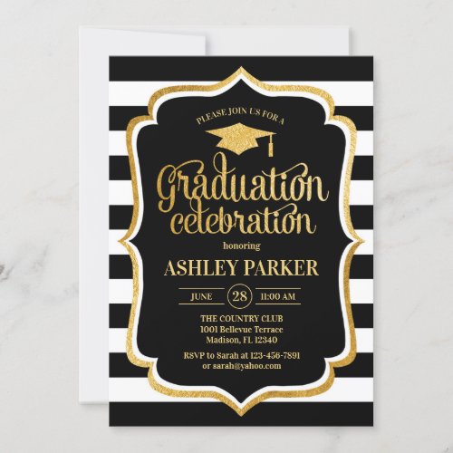 Graduation _ Gold Black White Stripes Invitation